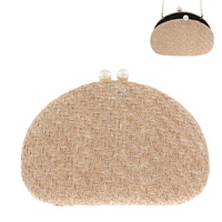 WOVEN ROUND EVENING BOX CLUTCH PURSE WITH PEARL CLOSURE AND DETACHABLE METAL CHAIN STRAP