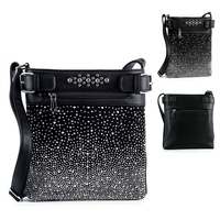 RHINESTONE STUDDED DISTRESSED DENIM SATCHEL BAG