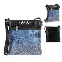 RHINESTONE STUDDED DISTRESSED DENIM SATCHEL BAG