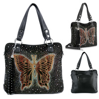 RHINESTONE BUTTERFLY FAUX LEATHER SHOULDER BAG