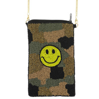90S GRUNGE STYLE, SMILEY FACE MILITARY CAMO PRINT BEADED COIN MESSENGER BAG WITH STRAP