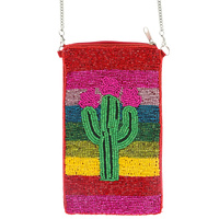 NORTHWESTERN SEED BEAD HANDMADE RAINBOW CACTUS BEADWORK ZIPPER PHONE CROSSBODY BAG