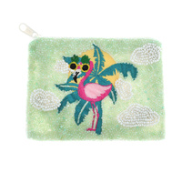 SEED BEAD TROPICAL FLAMINGO HANDMADE BEADWORK ZIPPER COIN BAG