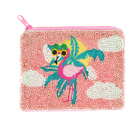 SEED BEAD TROPICAL FLAMINGO HANDMADE BEADWORK ZIPPER COIN BAG