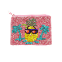 TROPICAL ISLAND PINEAPPLE COCKTAIL SEED BEAD HANDMADE BEADED ZIPPER COIN PURSE