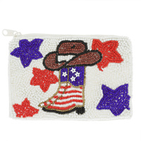 WESTERN USA AMERICAN PATRIOTIC COWBOY BOOTS SEED BEAD HANDMADE BEADED STARS PRINT COIN PURSE ZIPPER WALLET