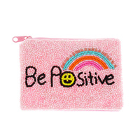 BE POSITIVE RAINBOW SMILEY FACE SEED BEAD HANDMADE BEADED ZIPPER COIN BAG PURSE