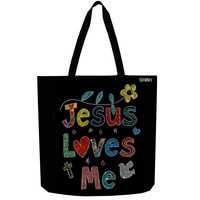 JESUS LOVES ME CRYSTAL RHINESTONE STUDDED JEWELED CANVAS TOTE BAG