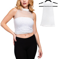 RHINESTONE FISHNET SHEER LAYERING HALTER TOP