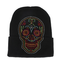 DAY OF THE DEAD ASSORTED SUGAR SKULL UNISEX CRYSTAL STUDDED KNIT CUFFED STRETCHY BEANIE WINTER HAT