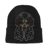 DAY OF THE DEAD ASSORTED SUGAR SKULL UNISEX CRYSTAL STUDDED KNIT CUFFED STRETCHY BEANIE WINTER HAT