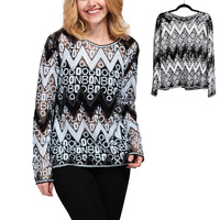 SEQUIN CHEVRON PATTERN LONG SLEEVE TRANSPARENT BLOUSE