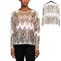 SEQUIN CHEVRON PATTERN LONG SLEEVE TRANSPARENT BLOUSE