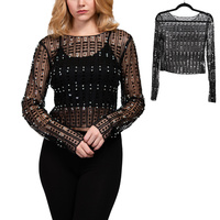 WOMEN'S RHINESTONE SHEER LACE LONG SLEEVE BLOUSE