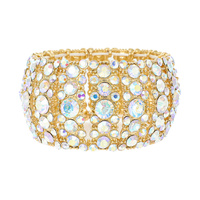 RHINESTONE CIRCLE AND RECTANGLE METAL STRETCH EVENING BRACELET