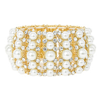 PEARL RHINESTONE CIRCLE AND RECTANGLE METAL STRETCH EVENING BRACELET