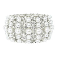PEARL RHINESTONE CIRCLE AND RECTANGLE METAL STRETCH EVENING BRACELET