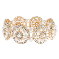 CRYSTAL RHINESTONE AND PEARL DISC STRETCH BRACELET