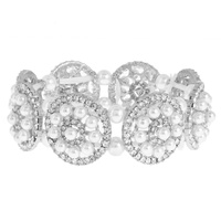 CRYSTAL RHINESTONE AND PEARL DISC STRETCH BRACELET