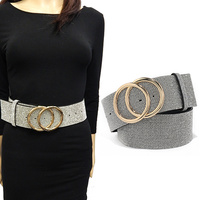DOUBLE O-RING CRYSTAL RHINESTONE CIRCLE BUCKLE WAIST BELT IN WITH GOLD TONE METAL ACCENTS