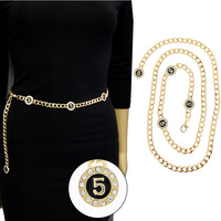 ONE SIZE NUMBER FIVE ENAMEL COATED CRYSTAL RHINESTONE CUBAN CHAIN LINK WAIST BELT WITH CLASP CLOSURE