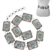RECTANGLE CONCHO WESTERN TURQUOISE SEMI STONE CONCHO CHAIN LINK BELT IN SILVER TONE METAL