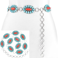 WESTERN TURQUOISE STONE SQUASH BLOSSOM CHAIN LINK BELT