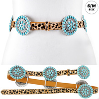 WESTERN TURQUOISE STONE SQUASH BLOSSOM LEOPARD PATTERNED FAUX LEATHER BELT