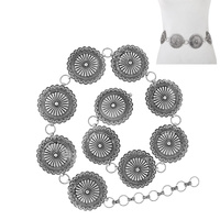 SUNBURST FLOWER CIRCLE CONCHO METAL CHAIN LINK HIP BELT IN SILVER TONE-WESTERN BELTS