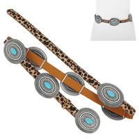 BLACK/BROWN/ LEOPARD PRINT-WESTERN PU LEATHER SYNTHETIC SEMI STONE TURQUOISE SUNBURST CONCHO BELT
