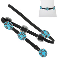 BLACK/BROWN/ LEOPARD PRINT - WESTERN PU LEATHER SYNTHETIC SEMI STONE TURQUOISE CONCHO BELT