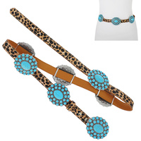 BLACK/BROWN/ LEOPARD PRINT - WESTERN PU LEATHER SYNTHETIC SEMI STONE TURQUOISE CONCHO BELT