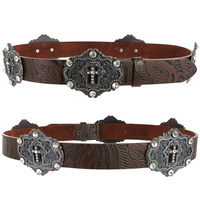 RHINESTONE STUDDED CROSS CONCHO WESTERN FLORAL EMBOSSED LEATHER BELT