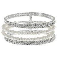 BRIDAL CRYSTAL RHINESTONE AND PEARL 3 ROW MULTILAYER CUFF BRACELET