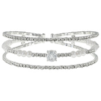 BRIDAL CRYSTAL RHINESTONE AND PEARL MULTILAYER 3 ROW SOLITAIRE CUFF BRACELET