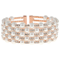 BRIDAL CRYSTAL RHINESTONE AND PEARL MULTILAYER 5 ROW STACKED CUFF BRACELET