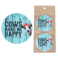 COWS MAKE ME HAPPY 2-PIECE FARM LIFE THEMED CORK BASE CERAMIC ABSORBENT CAR COASTER SET