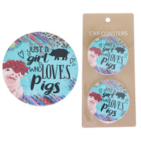 JUST A GIRL WHO LOVES PIGS -  2-PIECE FARM LIFE THEMED CORK BASE CERAMIC ABSORBENT CAR COASTER SET