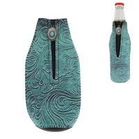 SERAPE/COWHIDE/EMBOSSED LEATHER-TURQUOISE CONCHO WESTERN DRINKING SLEEVE INSULATED BOTTLE HOLDER