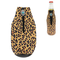 WESTERN LEOPARD PRINT ZIP-UP DRINKING SLEEVE INSULATED BOTTLE HOLDER WITH ZIG -ZAG STITCHING AND CONCHO ZIPPER PENDANT