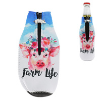 FARM LIFE PIG ZIP-UP DRINKING SLEEVE INSULATED BOTTLE HOLDER WITH ZIG -ZAG STITCHING AND PIG