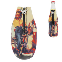 COWGIRL -WILD WEST THEMED ZIP-UP DRINKING SLEEVE INSULATED BOTTLE HOLDER WITH ZIG -ZAG STITCHING AND ZIPPER PENDANT
