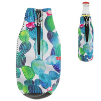 CACTUS PATTERN -CACTUS ZIP-UP DRINKING SLEEVE INSULATED BOTTLE HOLDER WITH ZIG -ZAG STITCHING AND CACTUS ZIPPER PENDANT