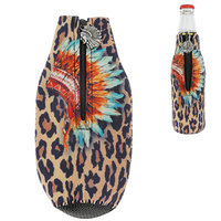 NATIVE AMERICAN -WILD WEST THEMED ZIP-UP DRINKING SLEEVE INSULATED BOTTLE HOLDER WITH ZIG -ZAG STITCHING AND ZIPPER PENDANT