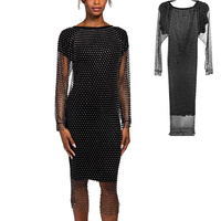 WOMEN'S RHINESTONE FISHNET LONG SLEEVE MIDI DRESS