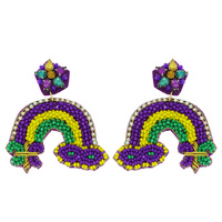 JEWELED MARDI GRAS RAINBOW WITH MASQUERADE MASK AND FLEUR DE LIS HANDMADE BEADED EMBROIDERY NOVELTY DANGLE AND DROP EARRINGS