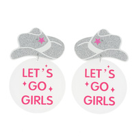 2-TIER GLITTER COWBOY HAT "LET'S GO GIRLS" DANGLE AND DROP NOVELTY EARRINGS