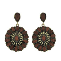 WESTERN 2-TIER WOODEN FLORAL CONCHO DANGLE AND DROP EARRINGS