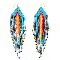 NATIVE AMERICAN MULTICOLOR SUNBURST DESIGN BEADED LONG DROP TASSEL HOOK EARRINGS