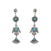 WESTERN 4-TIER TURQUOISE SEMI STONE THUNDERBIRD LINEAR LONG DROP EARRINGS